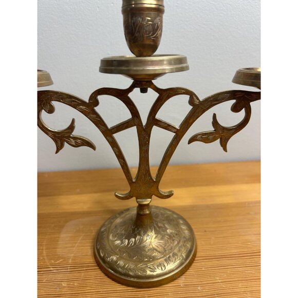 Antique vintage brass etched Candle Holder Vintage Candelabra 3 Branches Candela - Picture 2 of 7